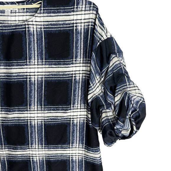 Maggie Max Women Boxy Top Plus 1X Blue Gray White Plaid Academia Preppy - Picture 3 of 10